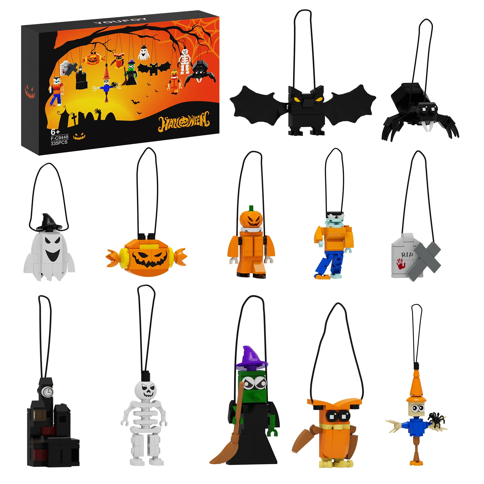 12-in-1 Halloween Pendant Building Blocks Suit with Box and Paper Manual 361 Pieces DIY Atmosphere Hanging Decorations Toys