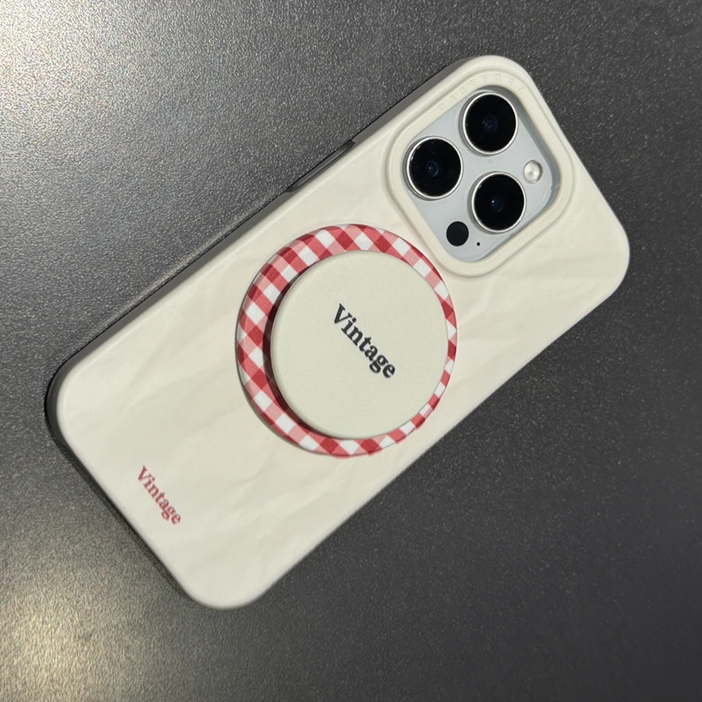 

Art Red Grid Pattern Wrinkled Pattern With Holder Magnetic Wireless Charging Phone Cover Case for iPhone 16 15 14 13 12 Pro Max