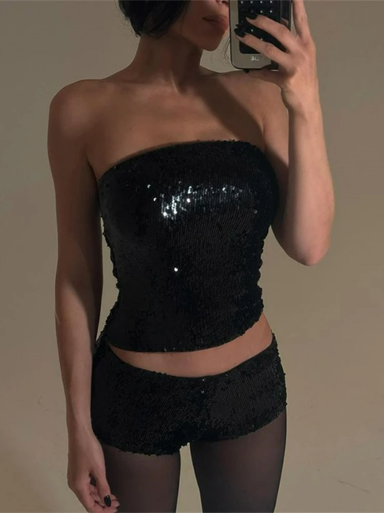 

Fashion Sexy Sequins Corset Tops and Shorts 2 Pieces Set Women Off Shoulder Crop Top Super-short Pants Suit Night Club Outfit
