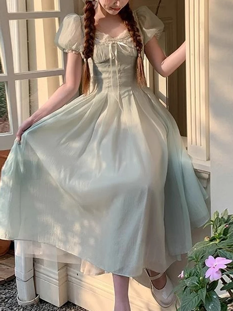 

Милое длинное сказочное платье с пышными рукавами, женское приталенное дизайнерское платье в Корейском стиле, женское летнее повседневное праздничное платье принцессы, 2024