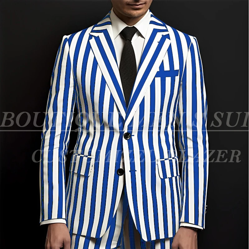 Fashion Stripe Men's Suits Elegant Single Breasted Notch Lapel Slim Fit 2 Piece Jacket Pants Outfits Male Clothing Costume