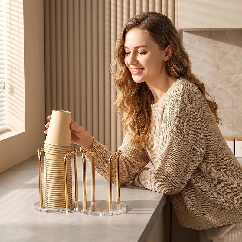 Two Slots Cup Dispenser Holder for Disposable Paper Plastic Cups Up to 14oz Coffee Cup Lid Organizer Countertop Storage Rack Kitchen Bar Restaurant Breakroom Office Bathroom view 6