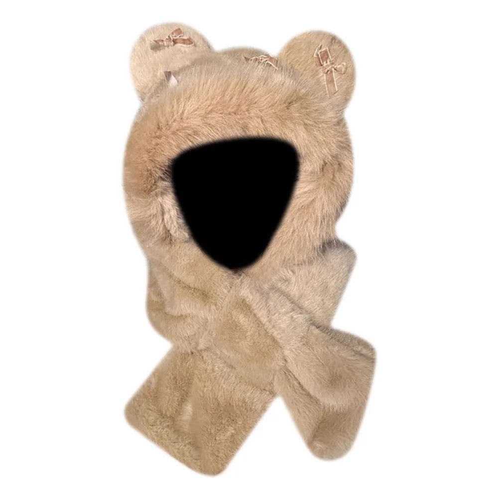 

Cute Winter Balaclava Hat Bowknot Thickened Beanies Cap Keep Warm Windproof Integrated Scarf Hat Set for Women