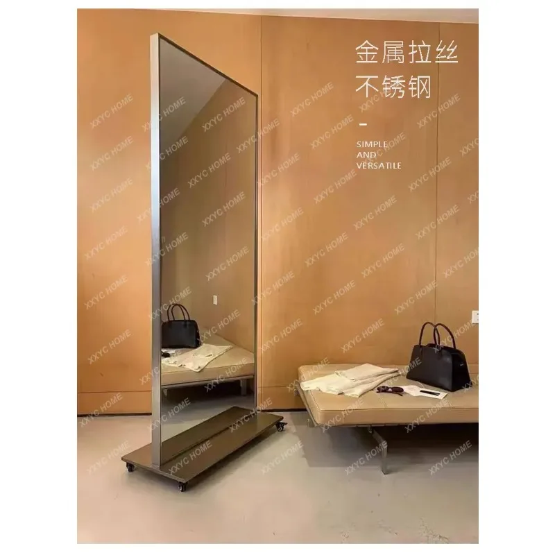 XXSimple modern clothing store thin full body mirror stainless steel beauty fitting mirror movable anti-fingerprint floor mirror
