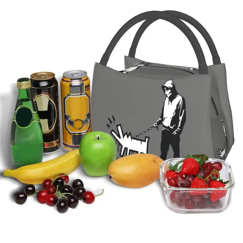 Banksy Thug With A Barking Dog Insulated Lunch Bags for Women Street Art Graffiti Resuable Cooler Thermal Bento Box Work Travel