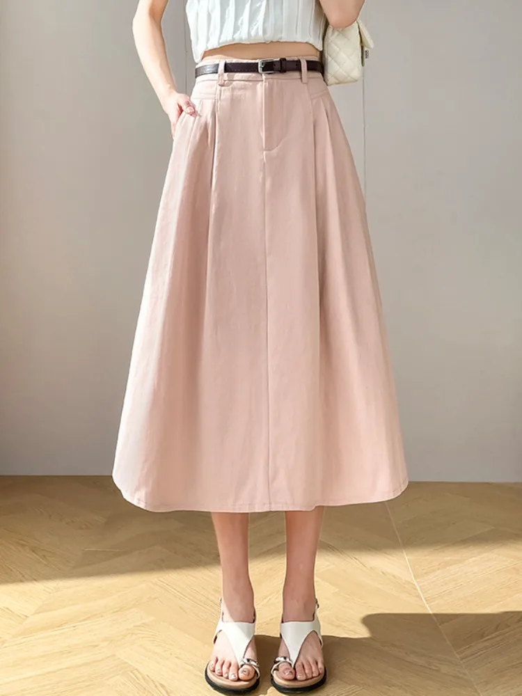 

Розовая хлопковая юбка миди А-силуэта с высокой талией, скрывающая бедра, весна-лето, новый стиль, женская повседневная юбка в корейском стиле