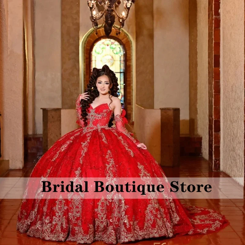 

Shiny Red Quinceanera Dress off-shoulder crystal glitter decal Long tail Bow layering vestidos de 15 Quinceanera ﻿Customize