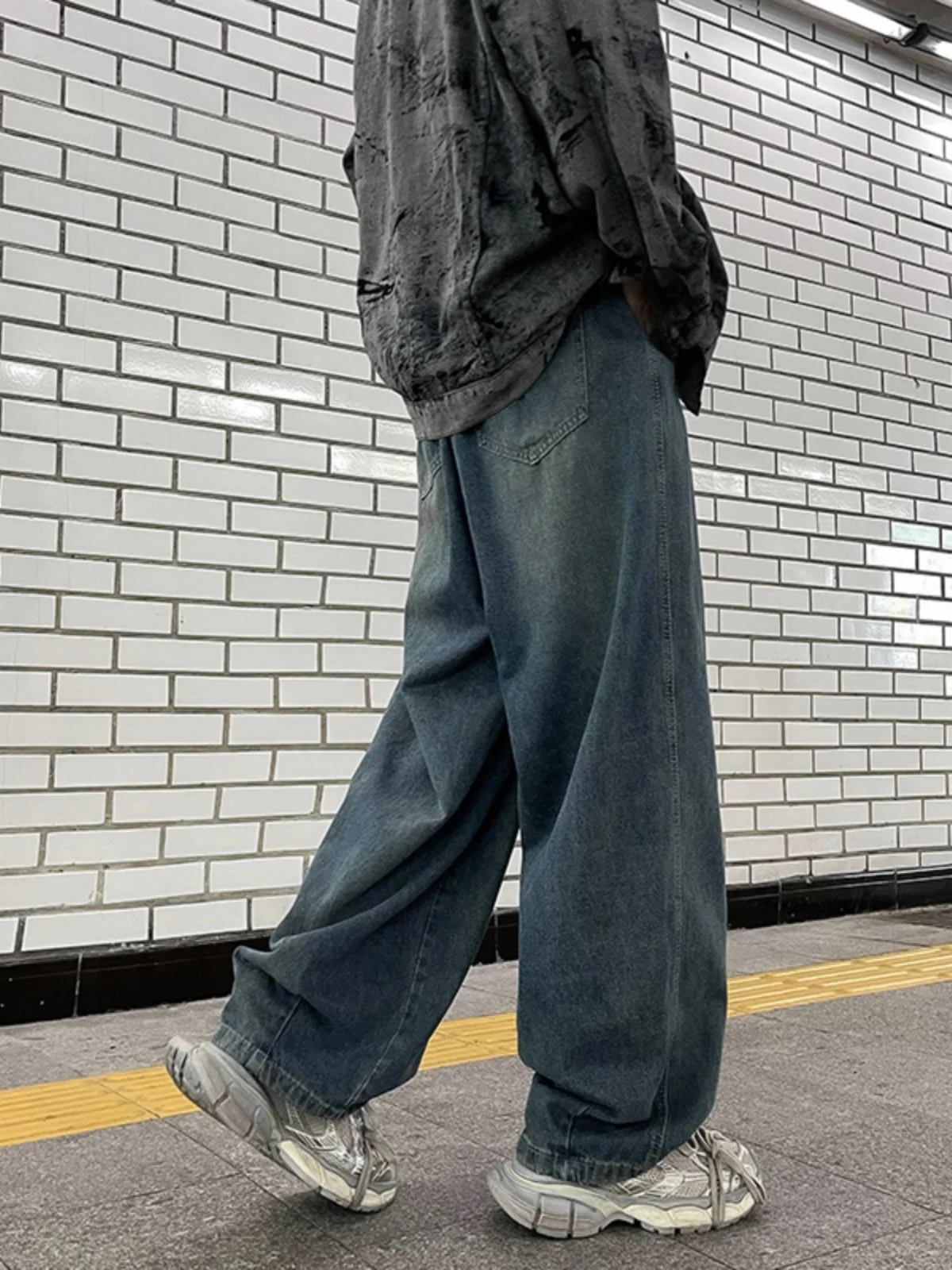 Calça de esfregão de renda solta masculina, jeans de perna larga Hip Hop lavado, estilo japonês, marca de moda retrô, para primavera e outono