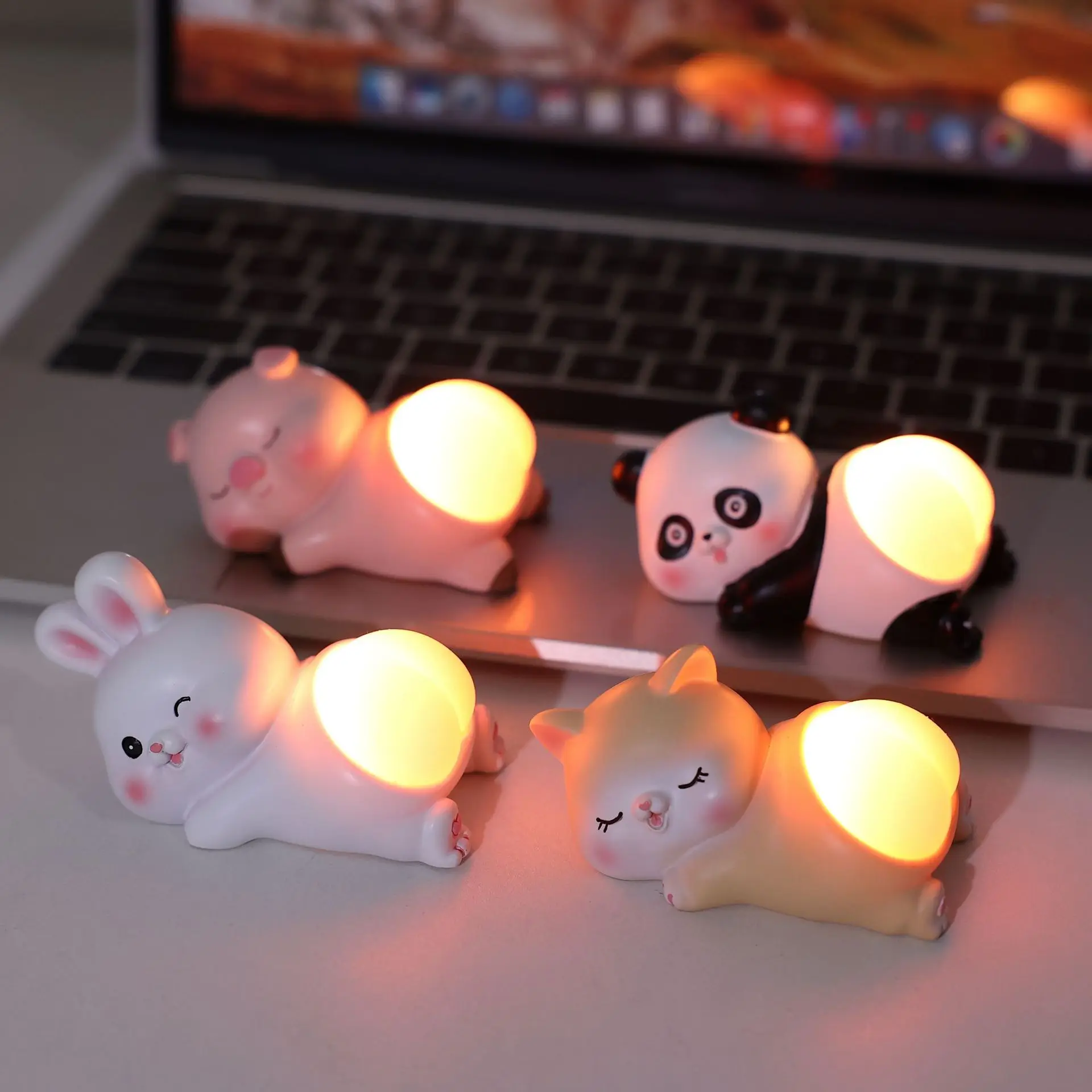 Cartoon Animals Figures Pig Panda Rabbit Cat Lie Prone With Glowing Buttocks Desk Accessories Funny Sculptures Room Decor