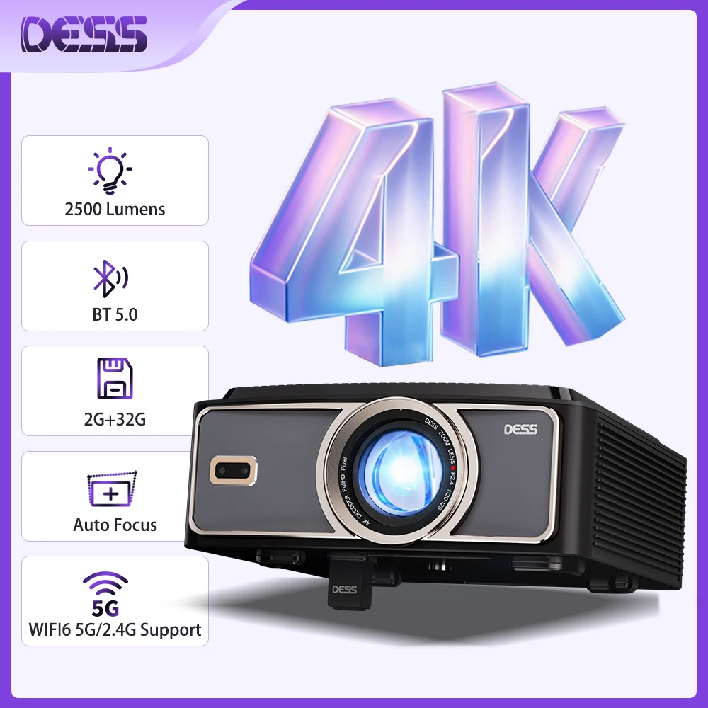 DESS 4K projecteur qualité d'image native 1080P mise au point automatique double WiFi6 BT5.0 Stable sans délai maison intelligente Android projecteur de cinéma