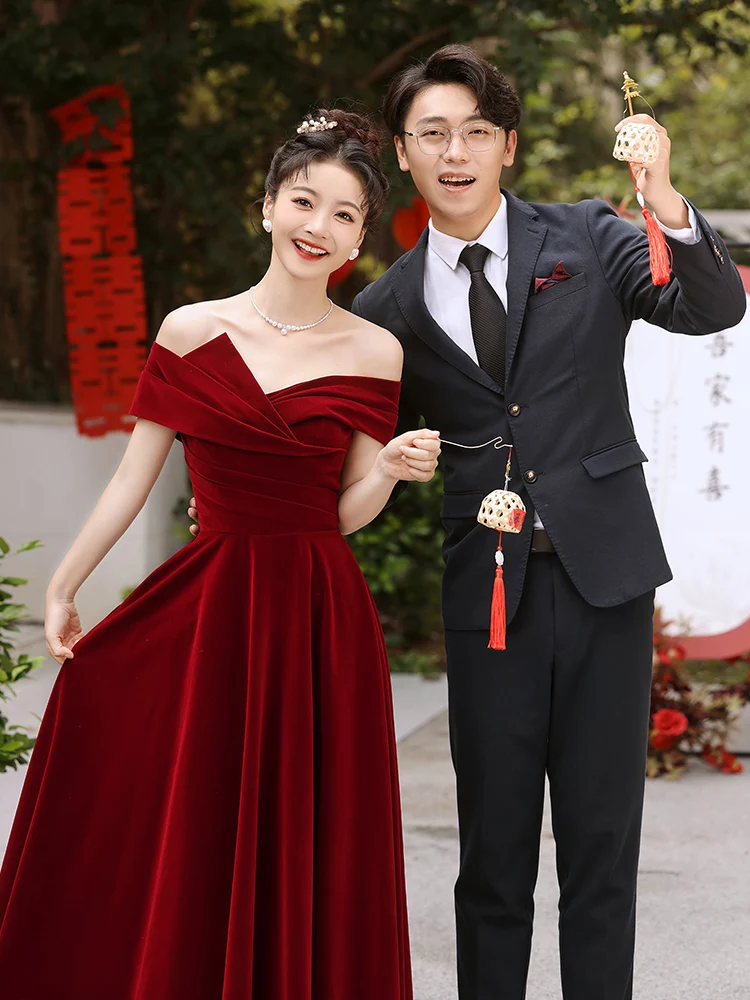 

Velvet One-oulder Wedding Dr Korean Sle Mid-Waist Slim Fit Long Skirt without Sve for Engagement And Wedding