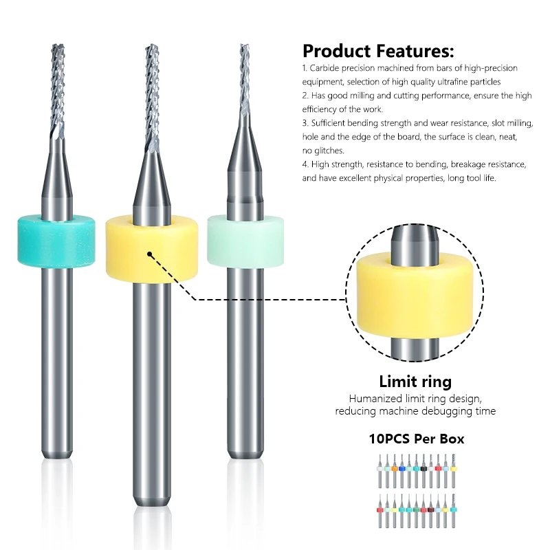 CMCP-Jeu de fraises à fraiser en carbure de PCB, outils de mèche de routeur CNC, mèche de gravure de machine PCB, fraises en bout CNC à tige de 0.5mm, 3.175-3.175mm, 10 pièces