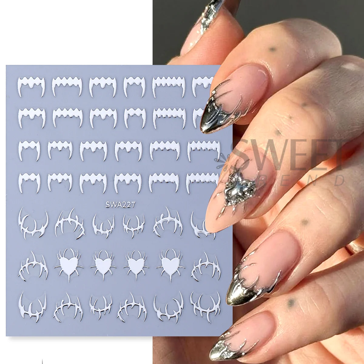 4pcs Metallic Thorns Vine Monster Teeth Nail Stickers Gold Silver Heart Bow Vortex Y2K Adhesive Decal Halloween Manicure Sliders