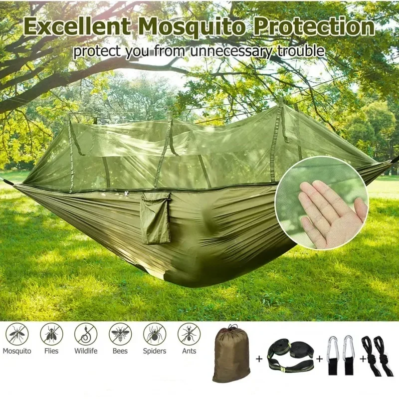 Double Camping Hammock with Net Mosquito/Bug | Included 6 Loops Tree Straps and Carabiners,Parachute Nylon Lightweight,Portable