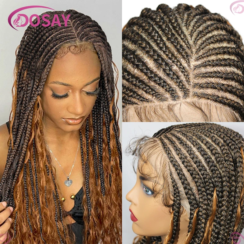 

Bohemian Cornrow Braids Synthetic Knotless Box Braided Wigs For Black Women 32" Full Lace Front Braided Wig 1B27 Braids Hair Wig