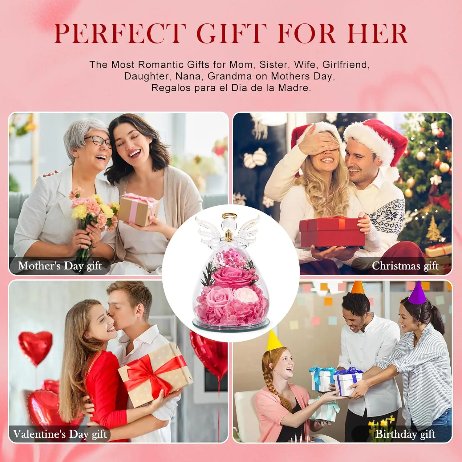 ورود وردية محفوظة في تماثيل الملاك الزجاجية - هدايا مثالية لعيد ميلاد الأم للنساء