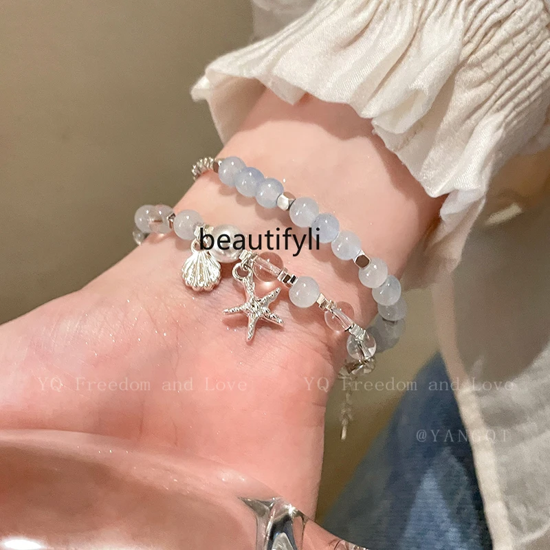 

Starfish Shell Glazed Bracelet Special-Interest Design High-Grade Silver Beaded Stitching Bracelet for Women