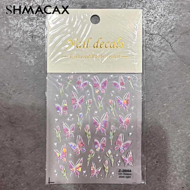 Shining Tulip Embossed Butterfly Nail Stickers 3D Nail Art Design Decoration Decals DIY Aurora Crystal Manicure Stickers Salon