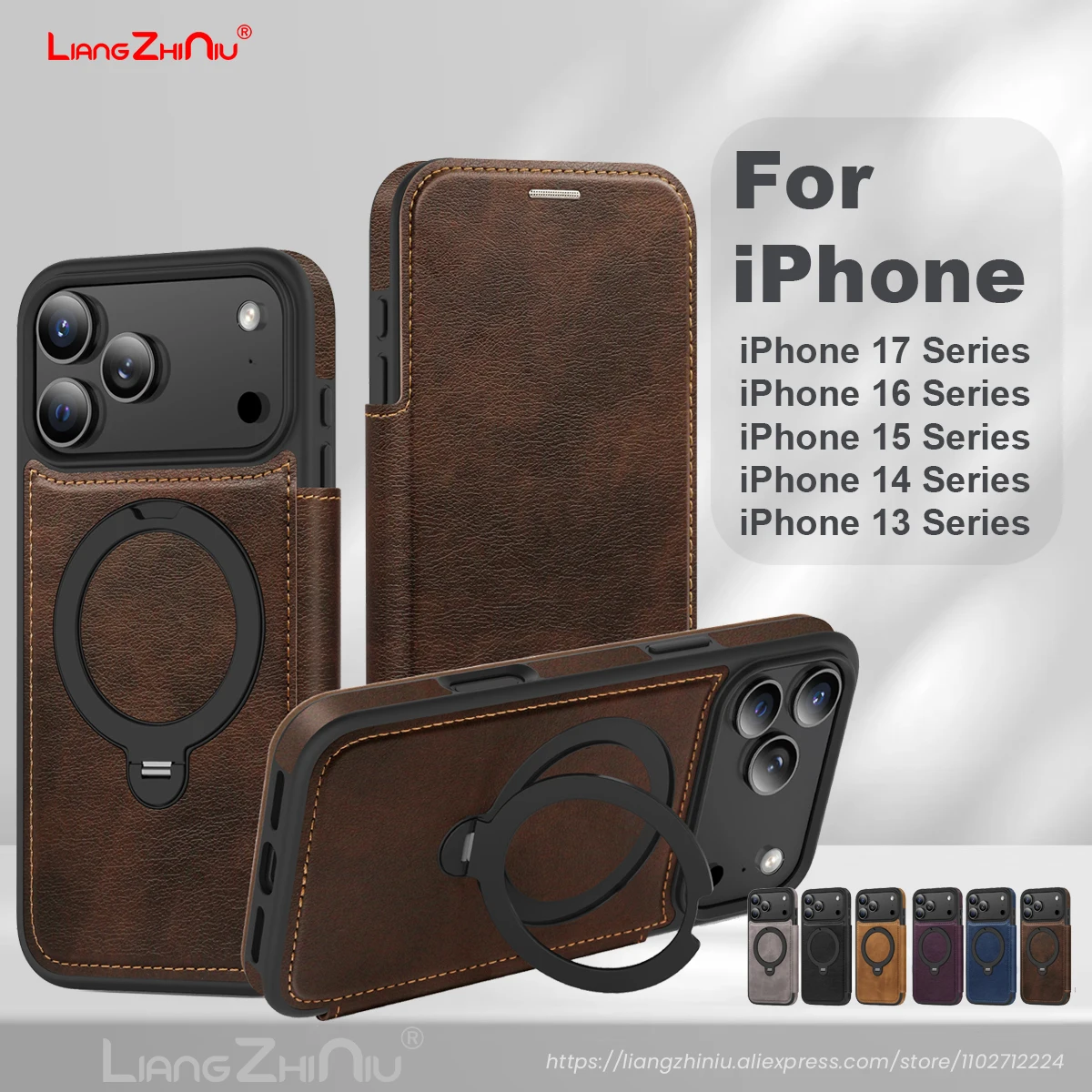 

Для Iphone 17 Pro Max/Iphone Air/17 Pro/17 16 15 14 13 12 кожаный флип-чехол с магнитной подставкой для карт 360 деловой кожаный чехол