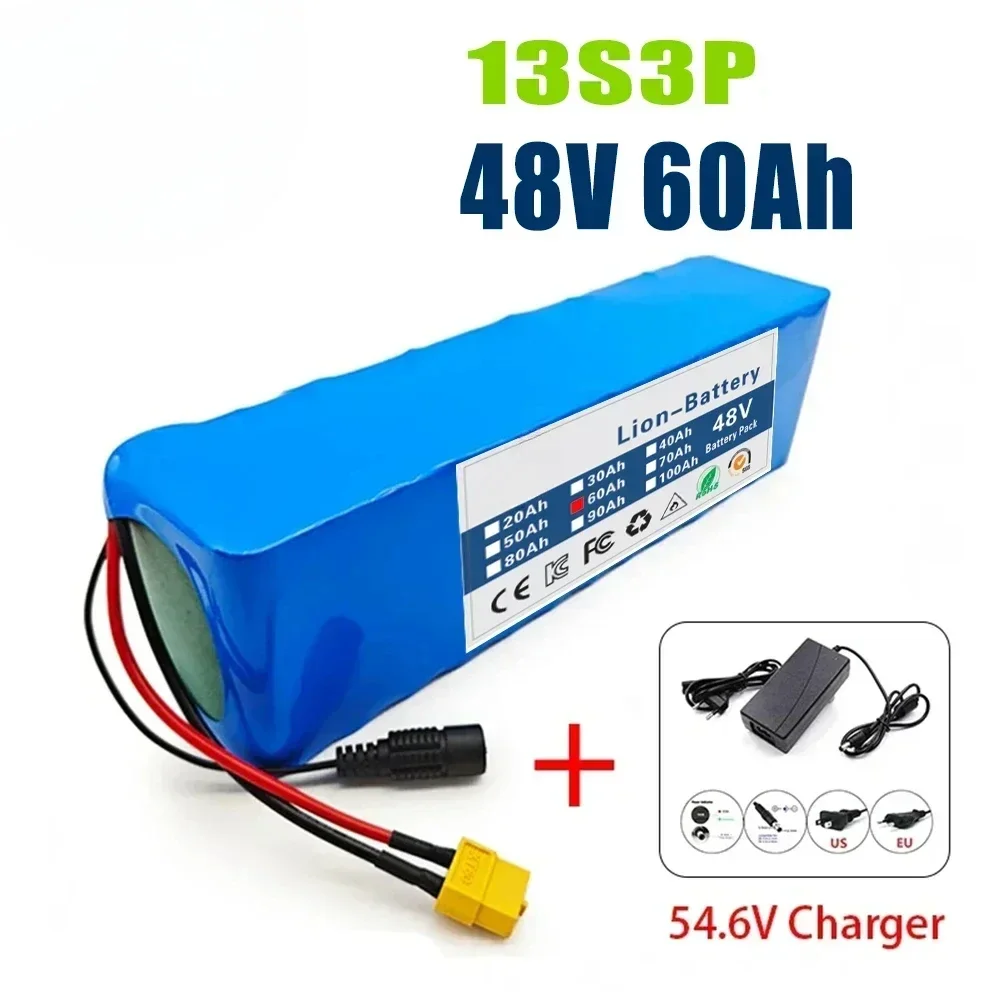 48V lithium-ion battery pack 60Ah 13S3P rechargeable battery, suitable for 54.6V with BMS+charger