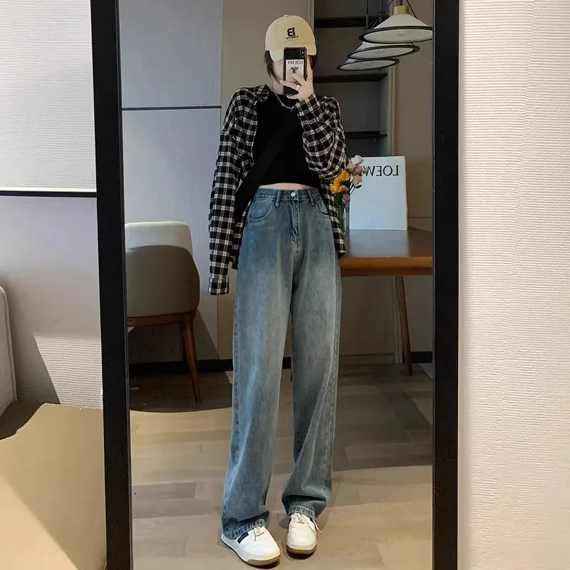 

Широкие джинсы с высокой талией в американском стиле ретро, женские модные универсальные длинные брюки, повседневные синие джинсовые брюки на молнии