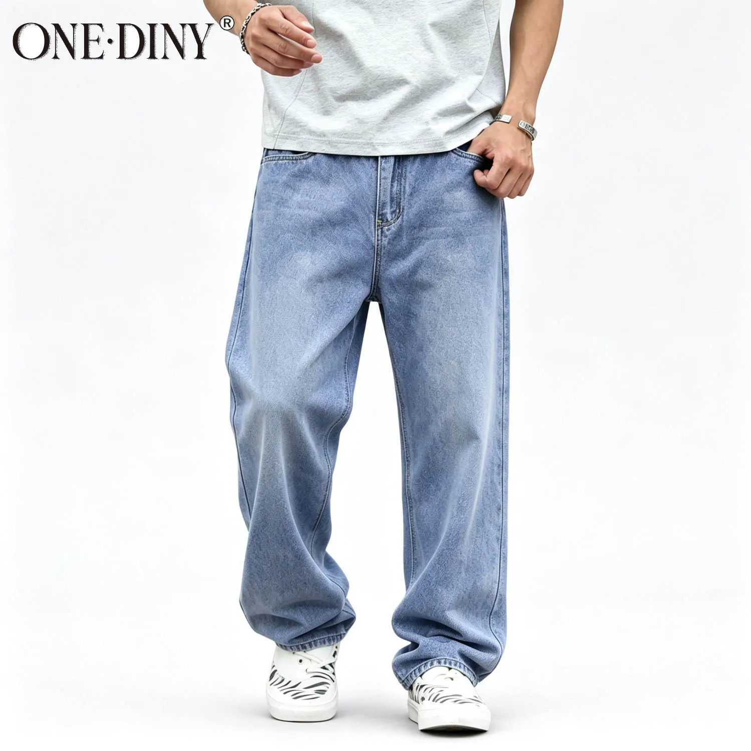 ONE·DINY Men Classic Light Blue Baggy Jeans Vintage Washed Loose Wide Leg Denim Pants Hip Hop Streetwear Casual Trousers