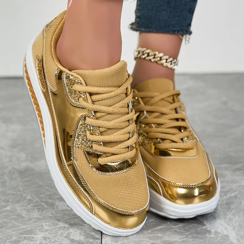 

Women's Shoes Luxurious Leather Casual Shoes Gold Patent Leather Sneakers Comfortable Breathable Running Shoes Кроссовки Женские