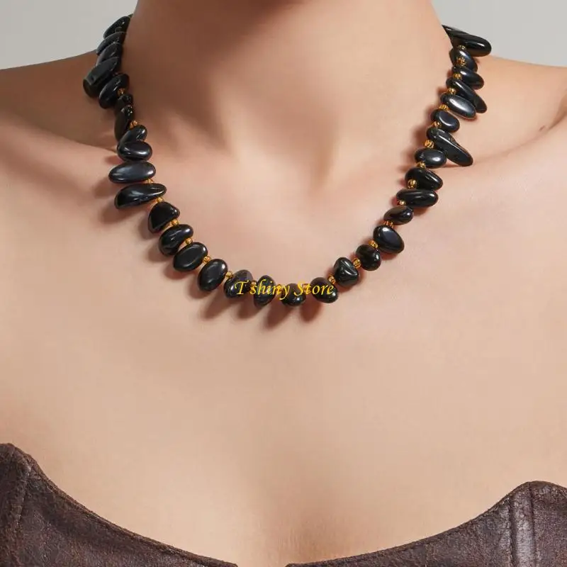 N58F Elegant Geometric Beaded Clavicle Necklace With Adjustable Length For Women Lady Gold Plated Stainless Steel