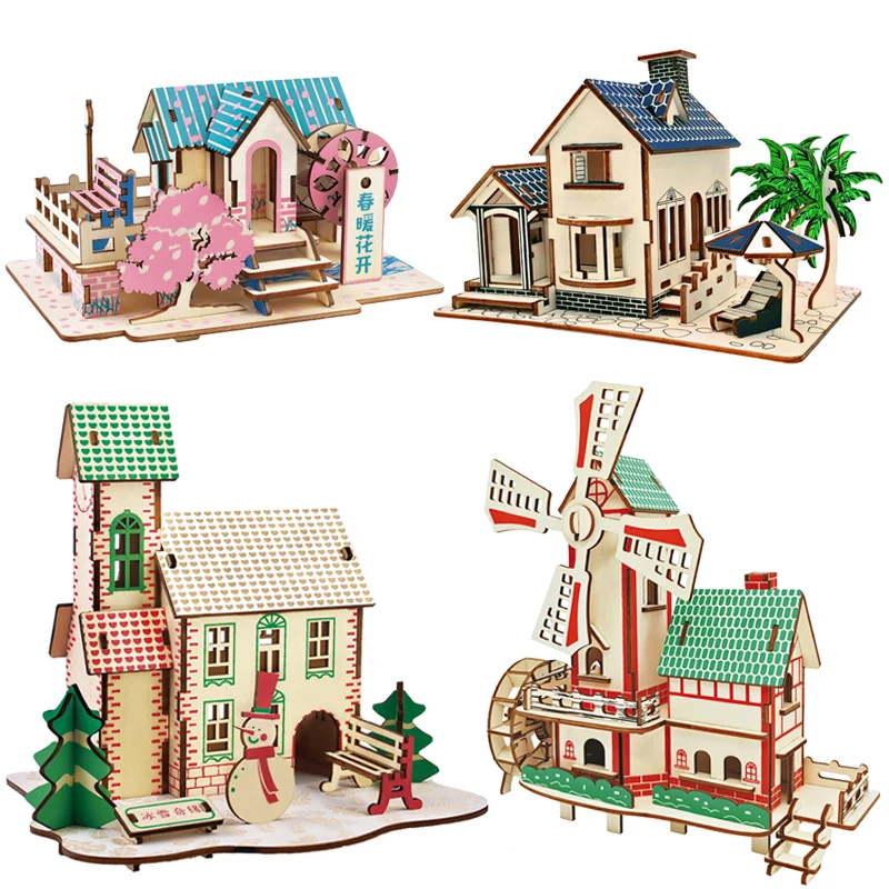 

Small House Villa 3D Wooden Construction Puzzles Building Model Wood Jigsaw DIY Educational Assembled Toys For Children Kids