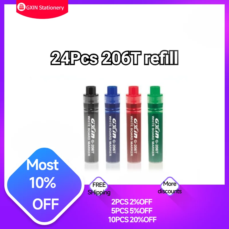 GXIN G206T 24Pcs Erasable Dry Erase Marker Refills Office Supplies School Use in Classroom Large Capacity Weatherproof Cartridge