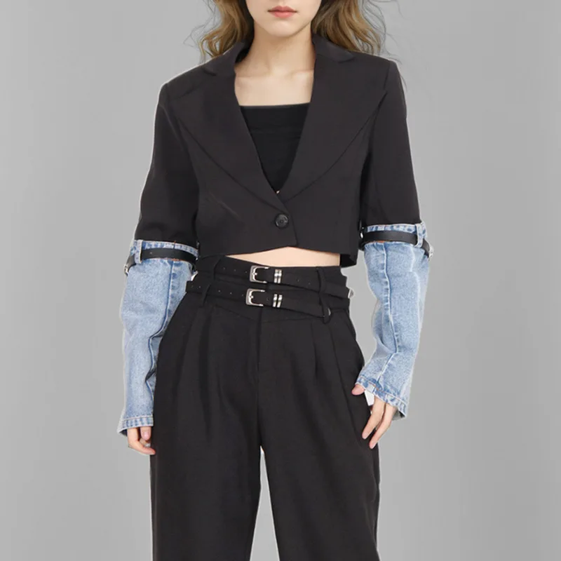 ANJY Herfst Nieuwe Vrouwen Street Style Denim Patchwork Temperament Kleine Blazer Ins Trend Enkele Knop Slanke Veelzijdige Jas A14315