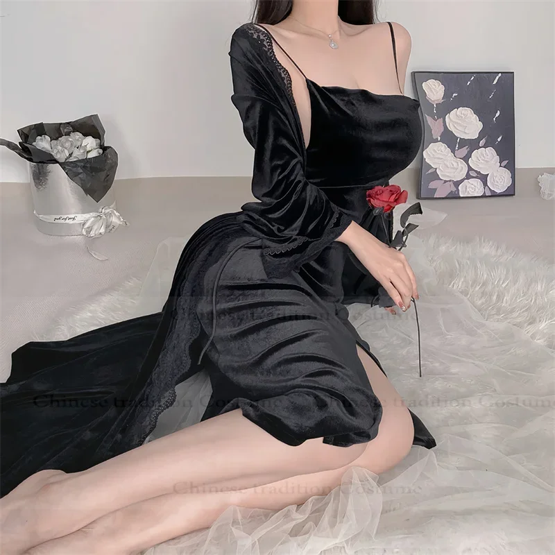 

Warm Velour Night Wear Female Long Bathrobe Gown Long Velour Robe Set Women Sexy Sleepwear Intimate Lingerie Loungewear