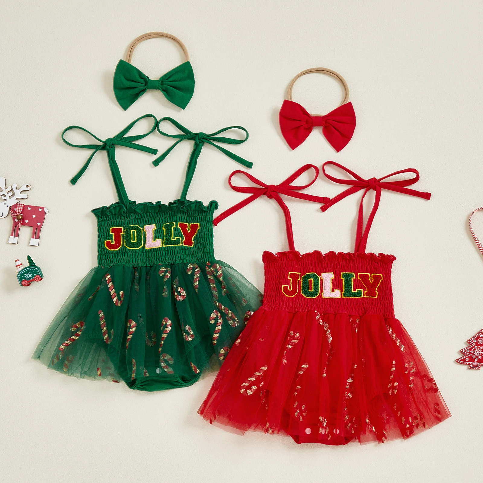 

Baby Girls Christmas Outfit Sleeveless Letter Embroidery Mesh Patchwork Romper Dress with Bow Headband 2Pcs Set