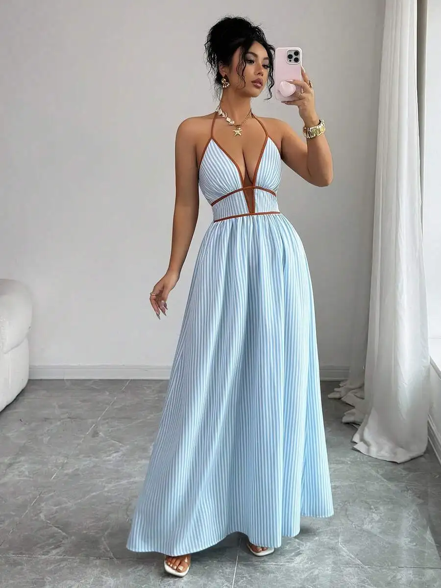 

Womens Striped Halter Backless Maxi Dress Summer Party Beach