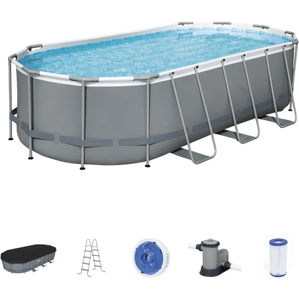 

18' x 9' x 48" Oval Metal Frame Above Outdoor Swimming Pool Set with 1500 GPH Filter Pump, Ladder, and Pool Cover