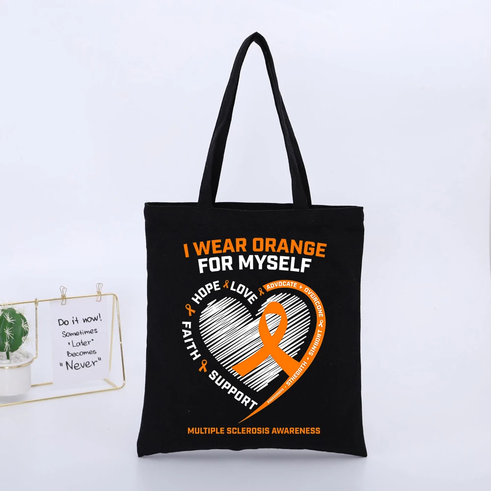 Multiple Sclerosis Awareness Canvas Tote Bag with Orange Ribbon and Heart Design, Casual Style for Daily Use
