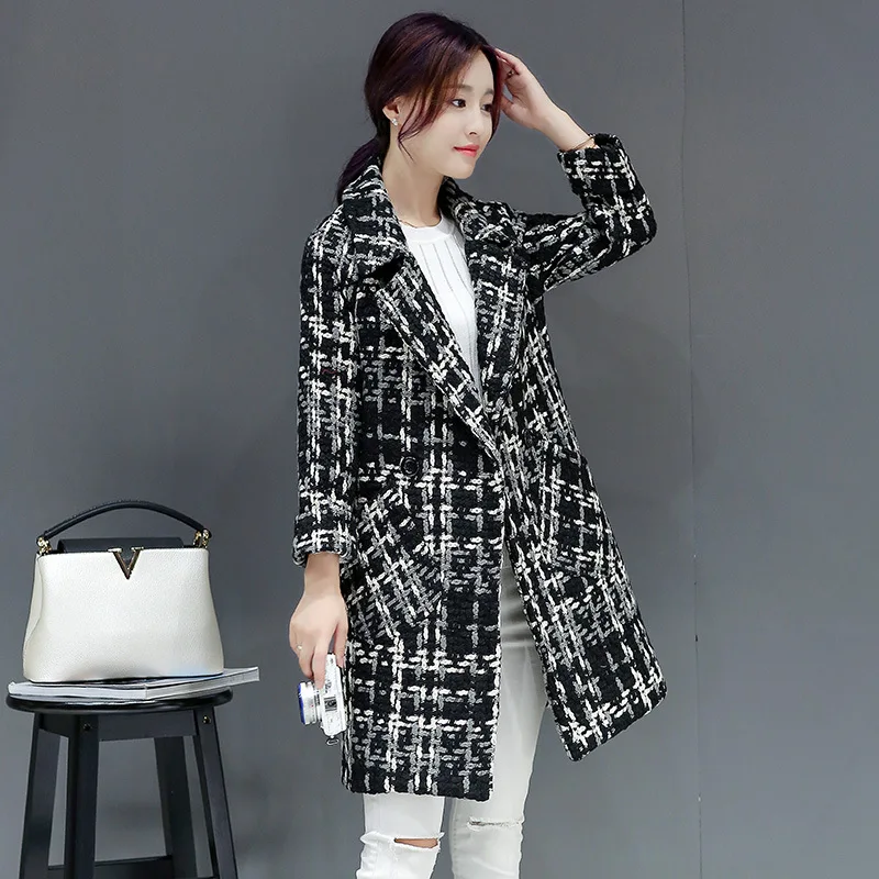 High quality plus-size woolen coat women 2024 women\'s plaid coat Korean fashion slimming medium long woolen coat