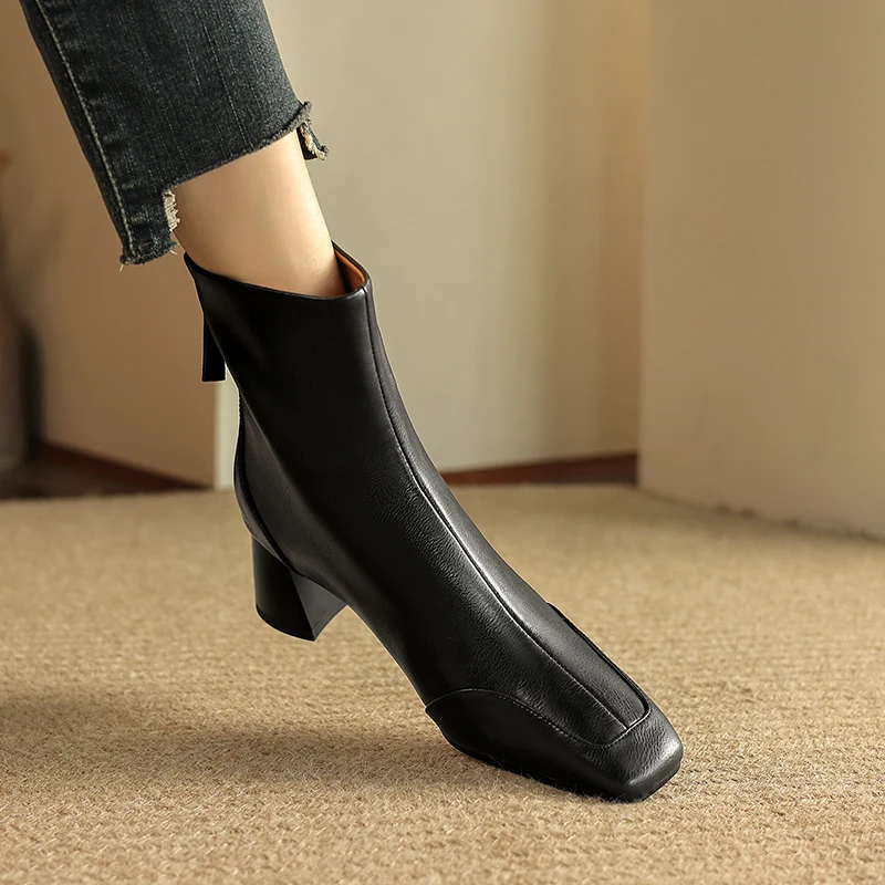 2024 New Women Basic Ankle Boots Thick High Heeled Short Fashion Boots Warm Zipper Elegant Square Toe Warm Autumn Winter Shoe