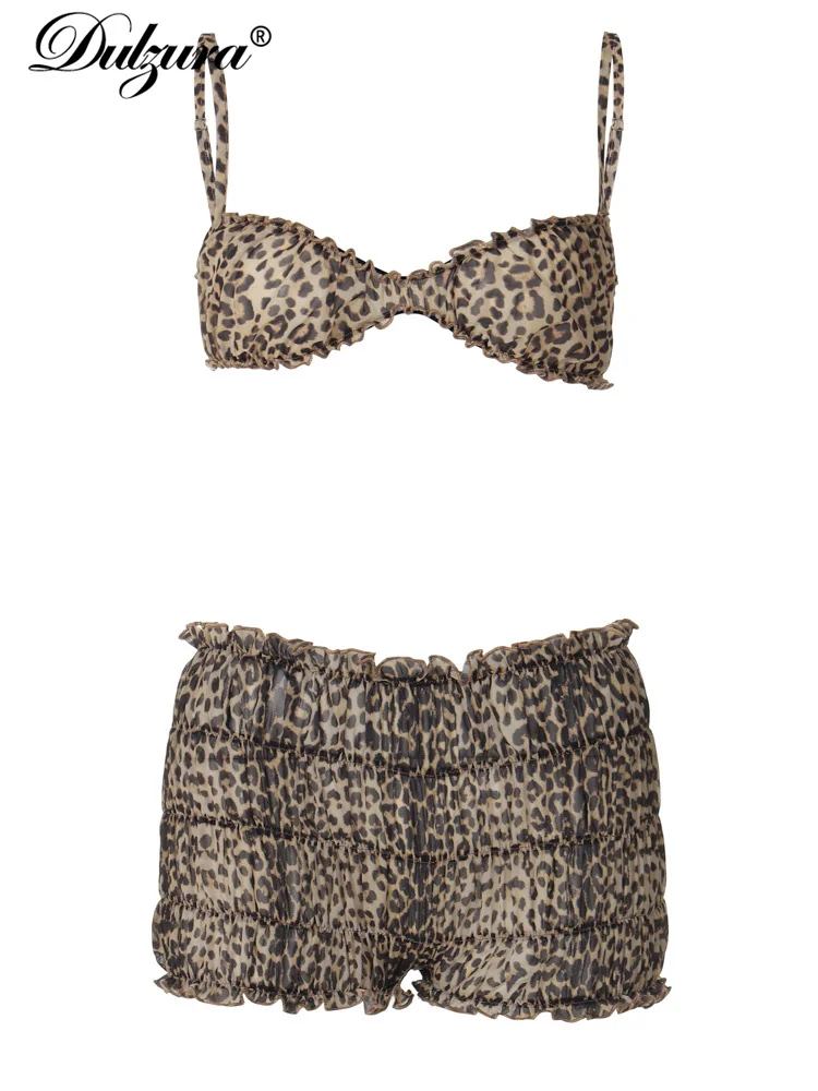 Dulzura Sexy Matching Suit Leopard Print Women Bra Top Camisole Ruched Shorts 2 Pieces Sets Y2K  Beach Party Club Sport Vocation