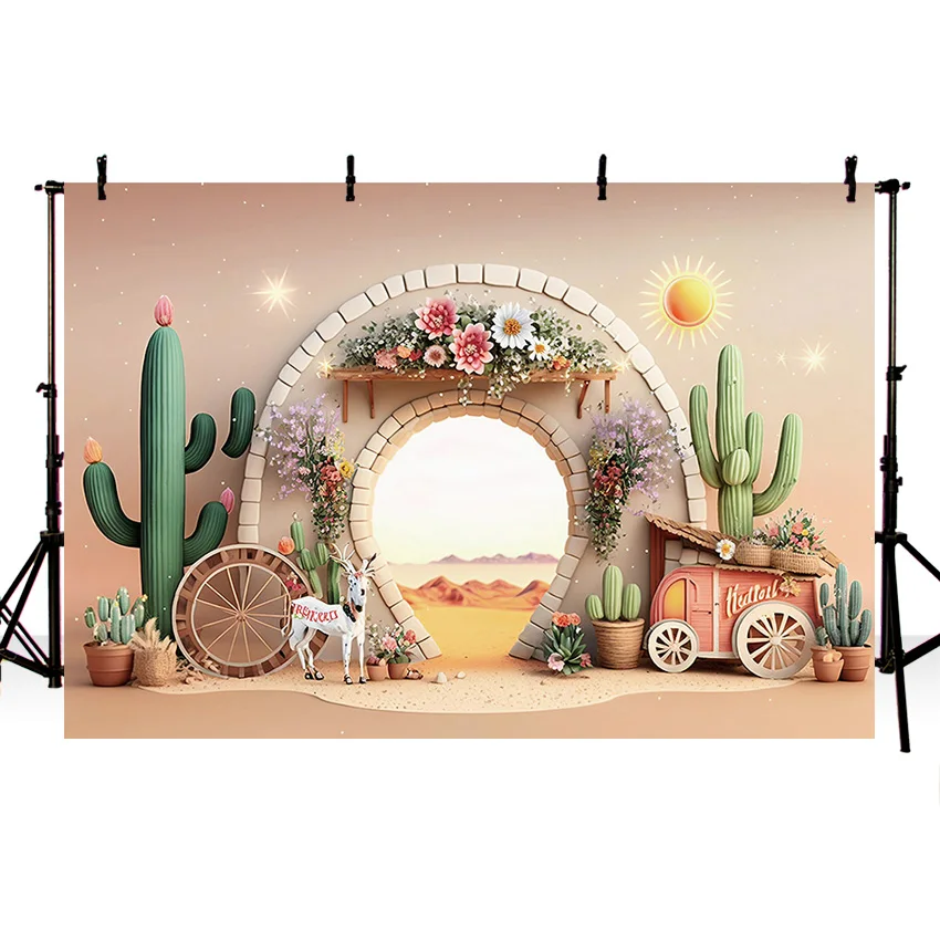 Mehofond Photography Background 3D Summer Sunshine Desert for Family Holiday Portrait Cactus Wheel Flower Decor Photo Backdrop