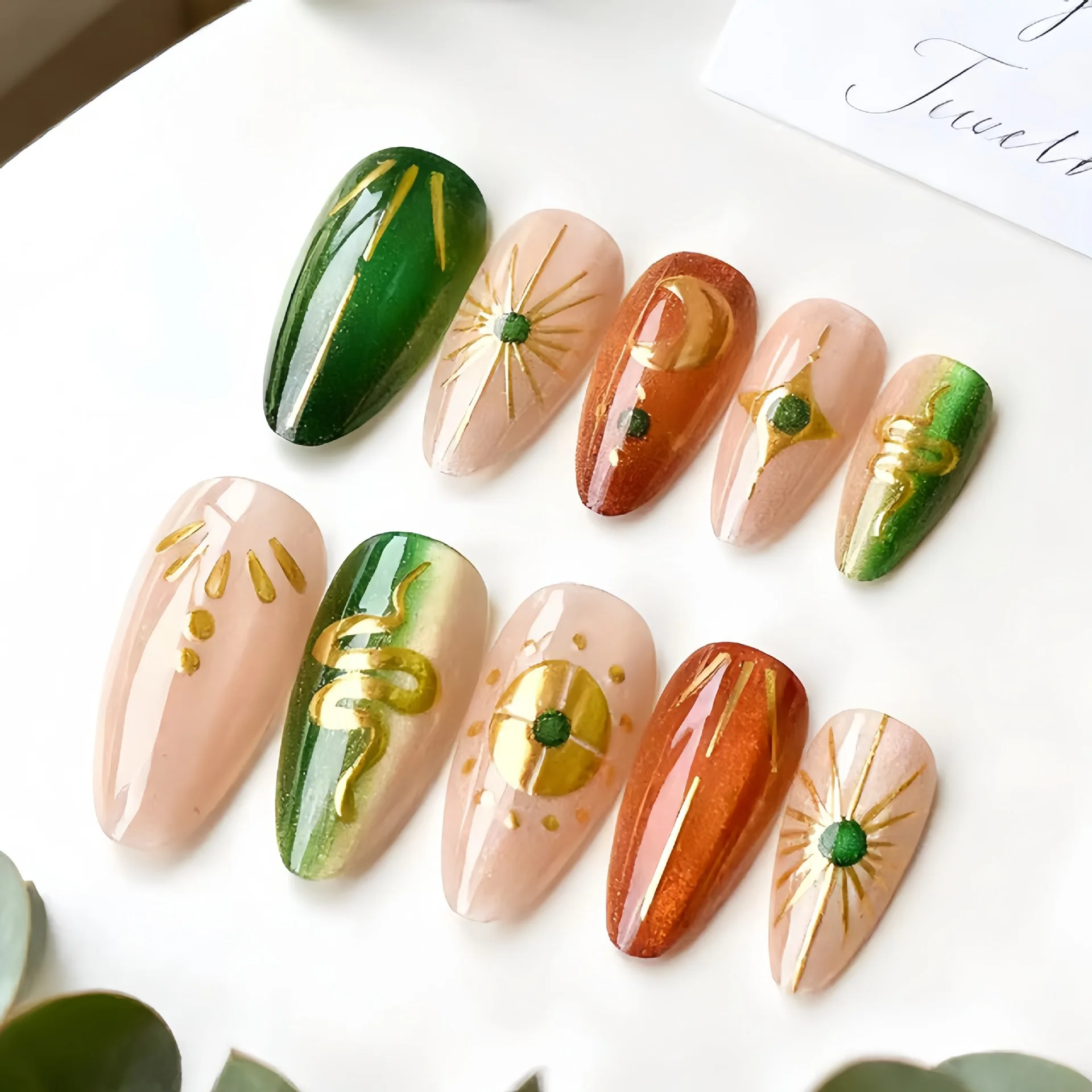 

24Pcs Midium Almond False Nails Gradient Cat eye False Nails with Moon Stars Full Cover Nail Tips Press on Nails for Girl&Woman