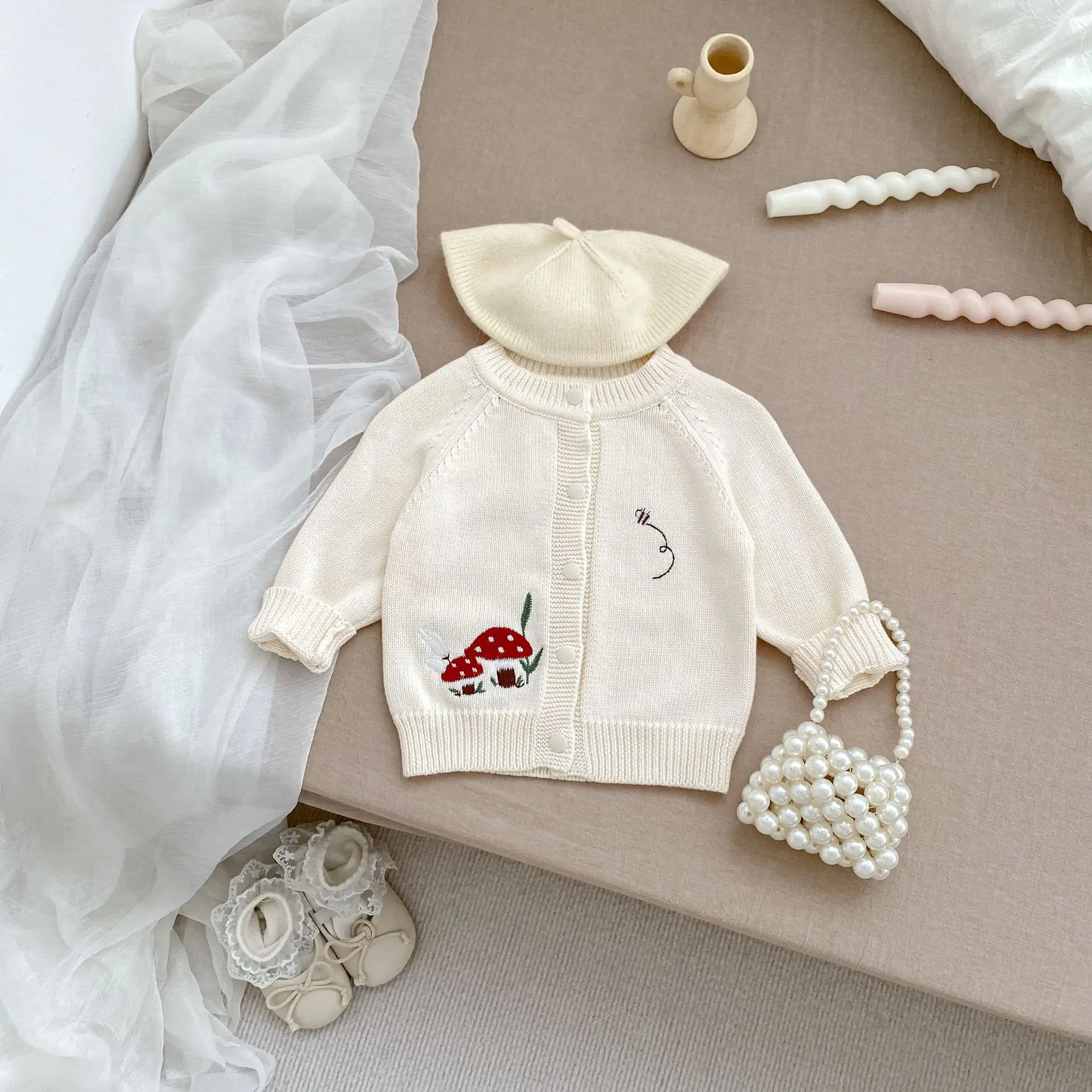 MILANCEL 2024 New Autumn Kid's Sweater Cute Mushroom Embroidery Knitted Cardigan for Girls Children's Long Sleeve Top Coat