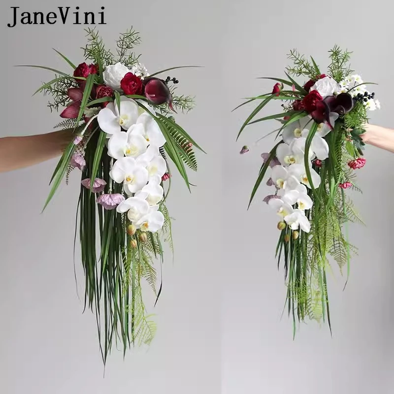 JaneVini Newest Designer Natural Cascading Bridal Bouquet Artificial Bride Flower Green Waterfall Wedding Bouquet Fleur Mariage