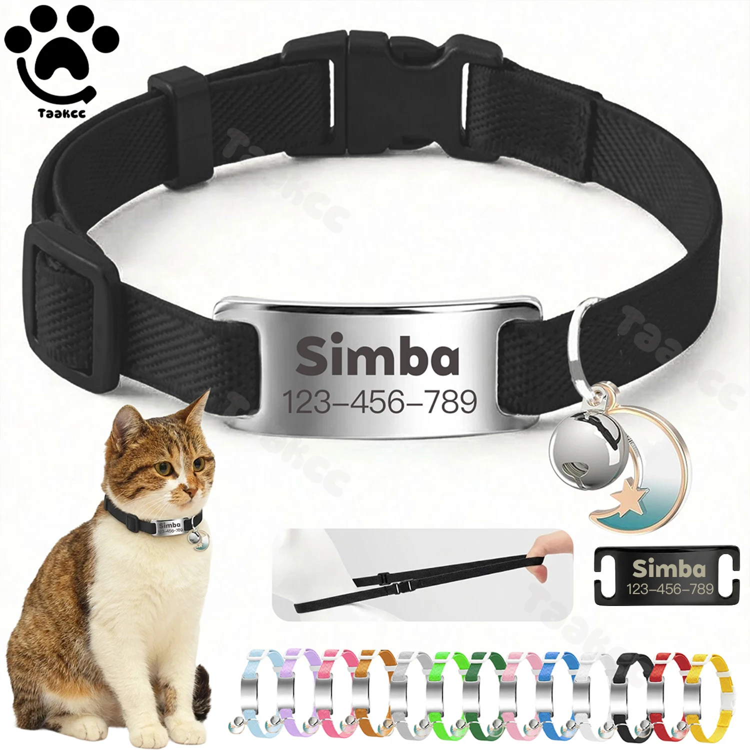 Collar Elástico Personalizado para Gatos, con Grabado Gratuito, Placa de Identificación Antipérdida para Cachorros y Gatitos, con Campana y Adorno de Luna