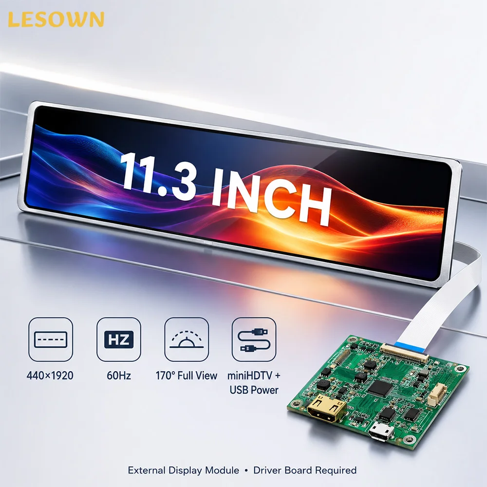 LESOWN 11.3in Bar LCD Matrix Driverless 440x1920 Resolution Visual Panel with Board for Case Modding