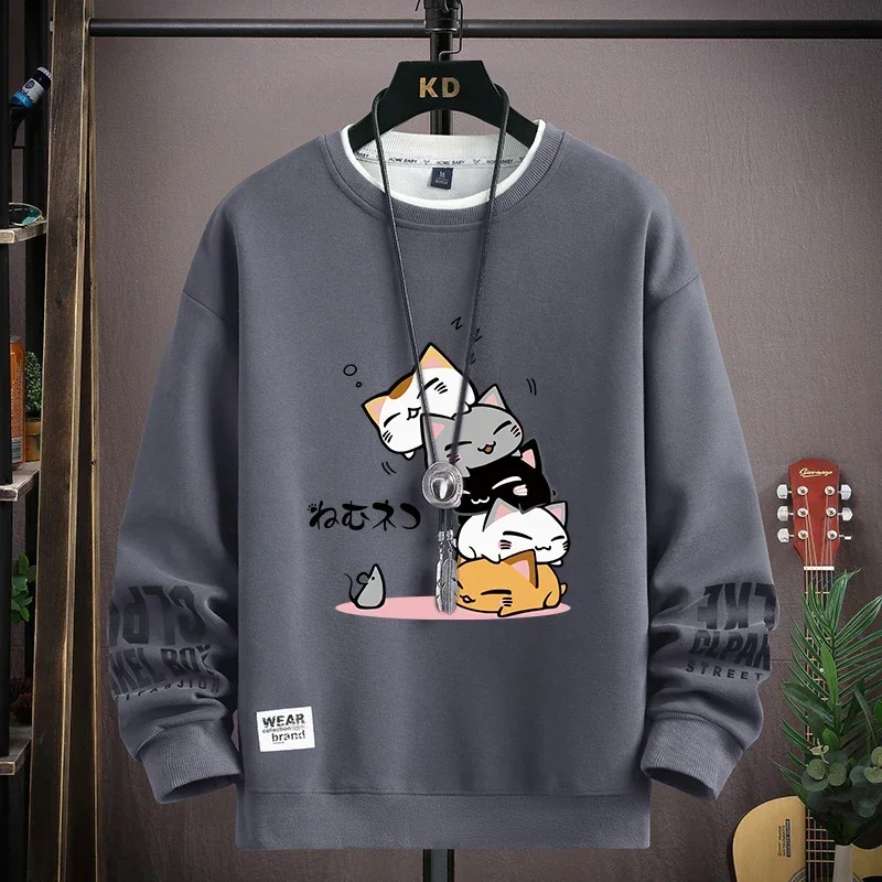 Spring Men\'s Sweatshirt Japan Cartoon Cats Printed Long Sleeve T-shirt Fashion Men\'s Clothing Khaki O Neck Harajuku Top 2024 New