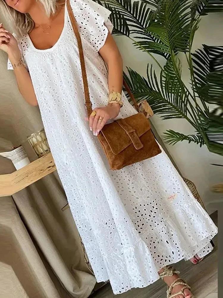 

Summer Loose Short Sleeve Holiday Dress Casual White Swing Party Dresses YK2 Sexy Ladies O-neck Hollow Lace Long Dress Vestidos