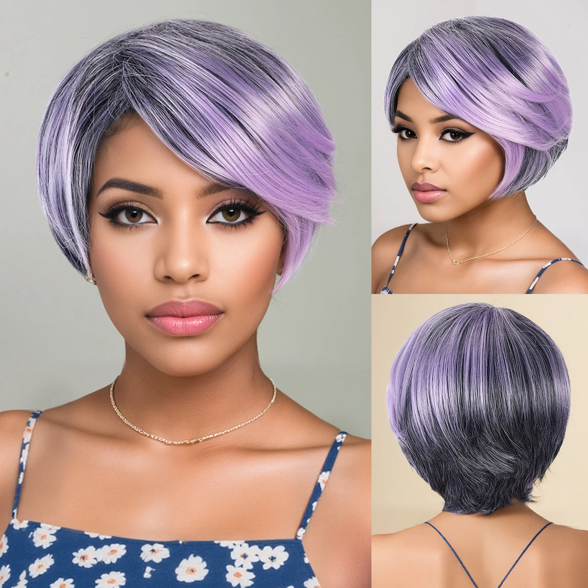 

Short purple hair cover with slanted bangs, short daily wig, synthetic fiber wig
