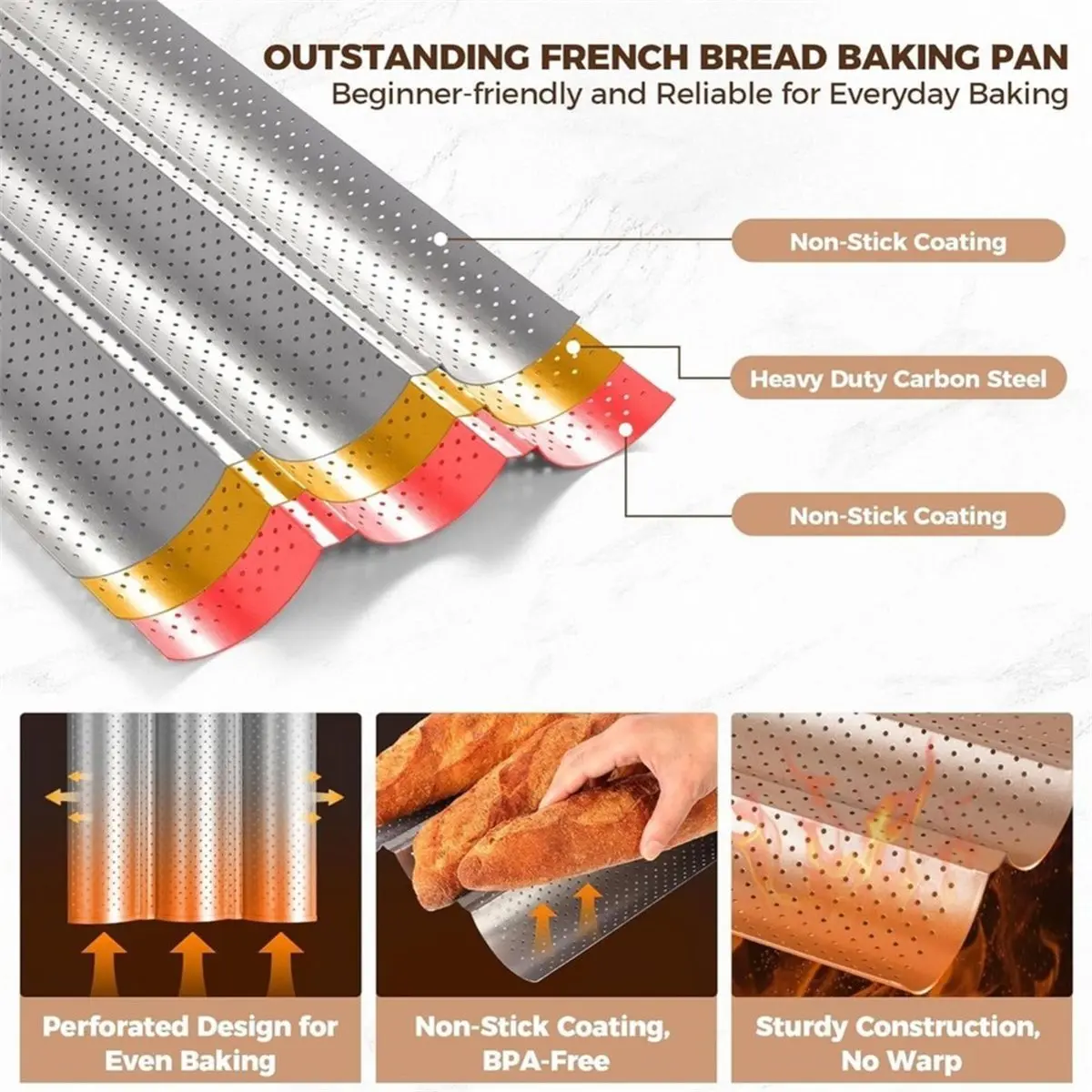 A1399K  Bread Pan, Premium Nonstick Perforated French Bread Baking Pan, 3 Loaves Tray for Sourdough SUMMER
