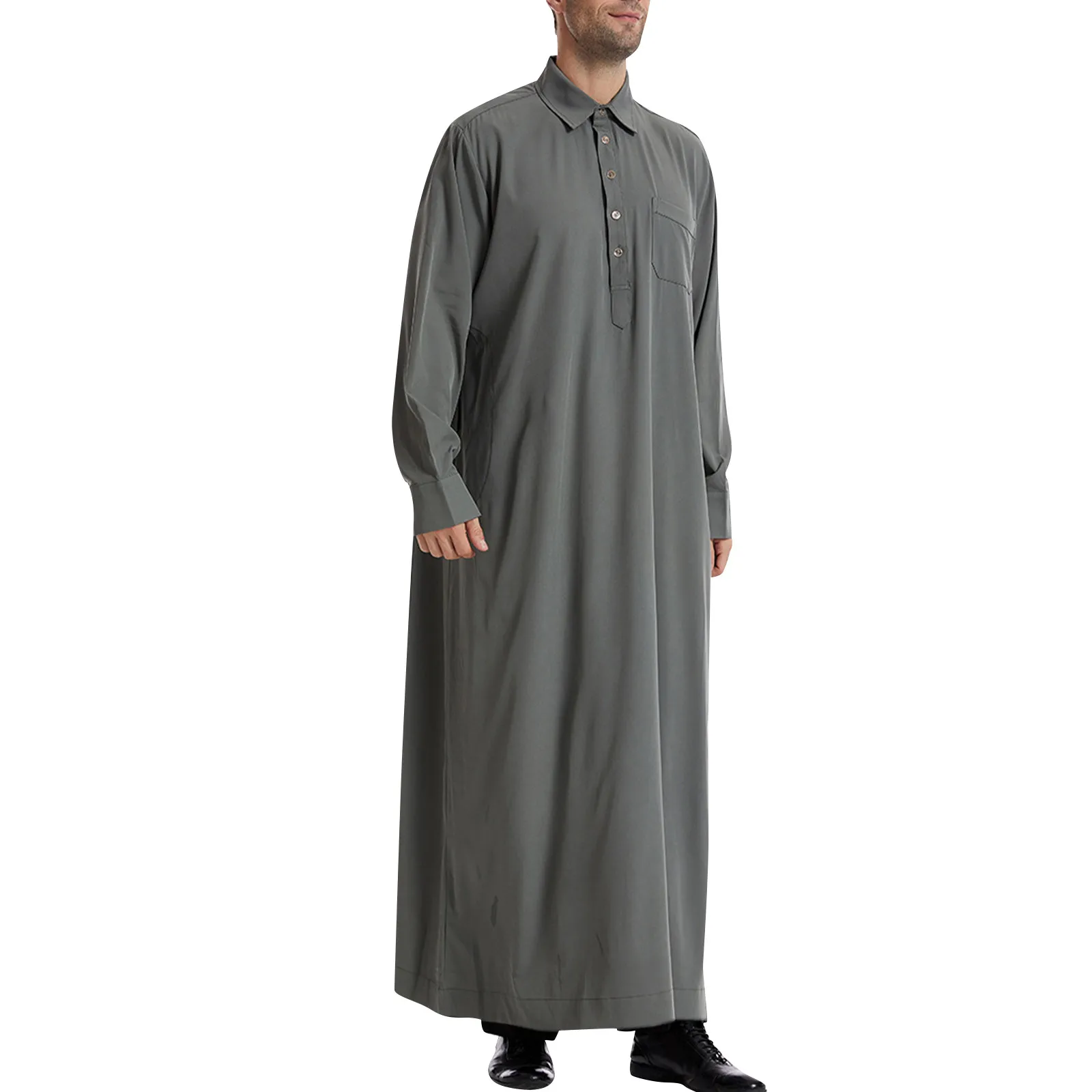 

Vintage Loose Muslim Caftan Robes Men Long Sleeve Fashion Jubba Thobe Men Leisure Solid Color Loose Lapel Islamic Clothing Robe